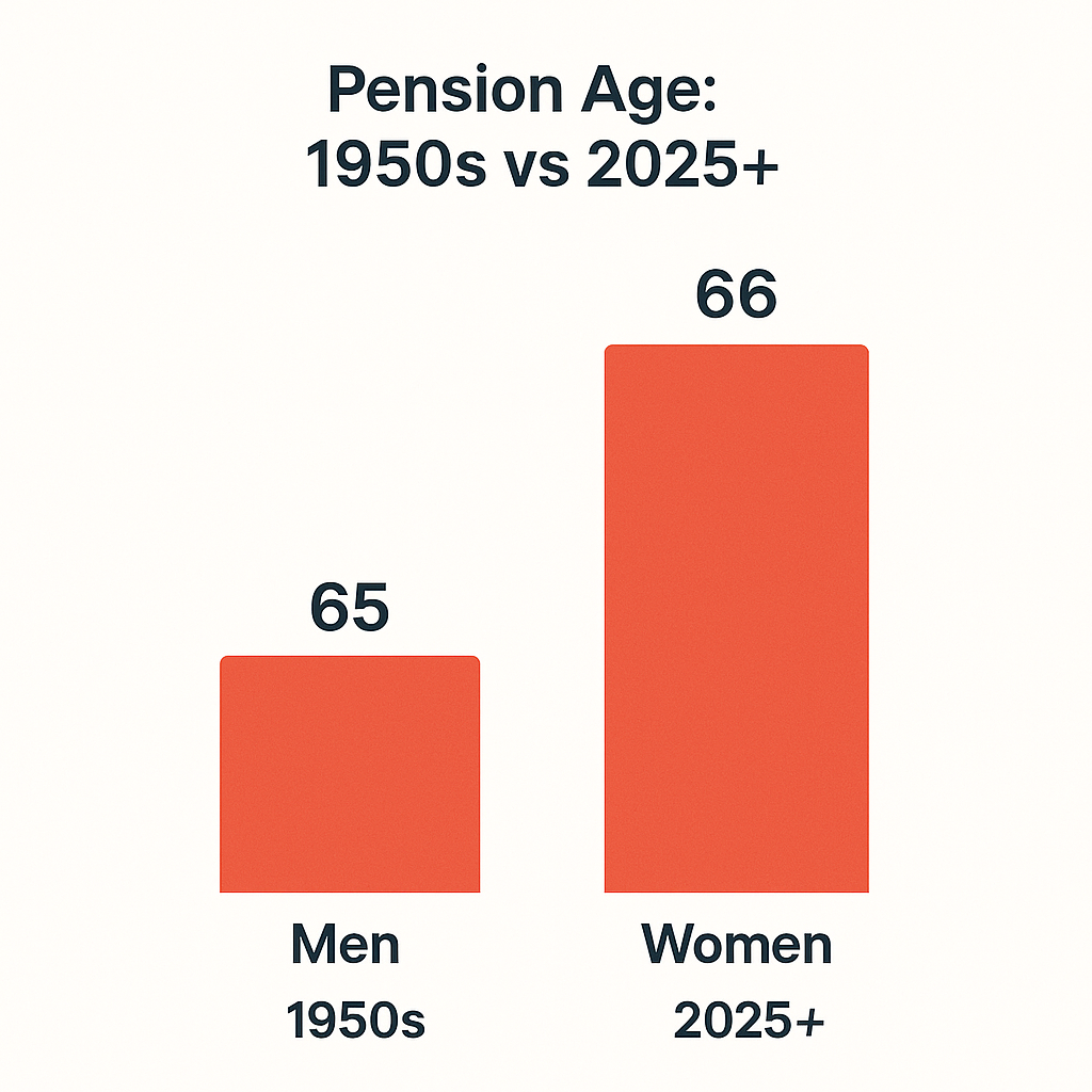 Chart comparing pension age for men and women in 1950 vs today