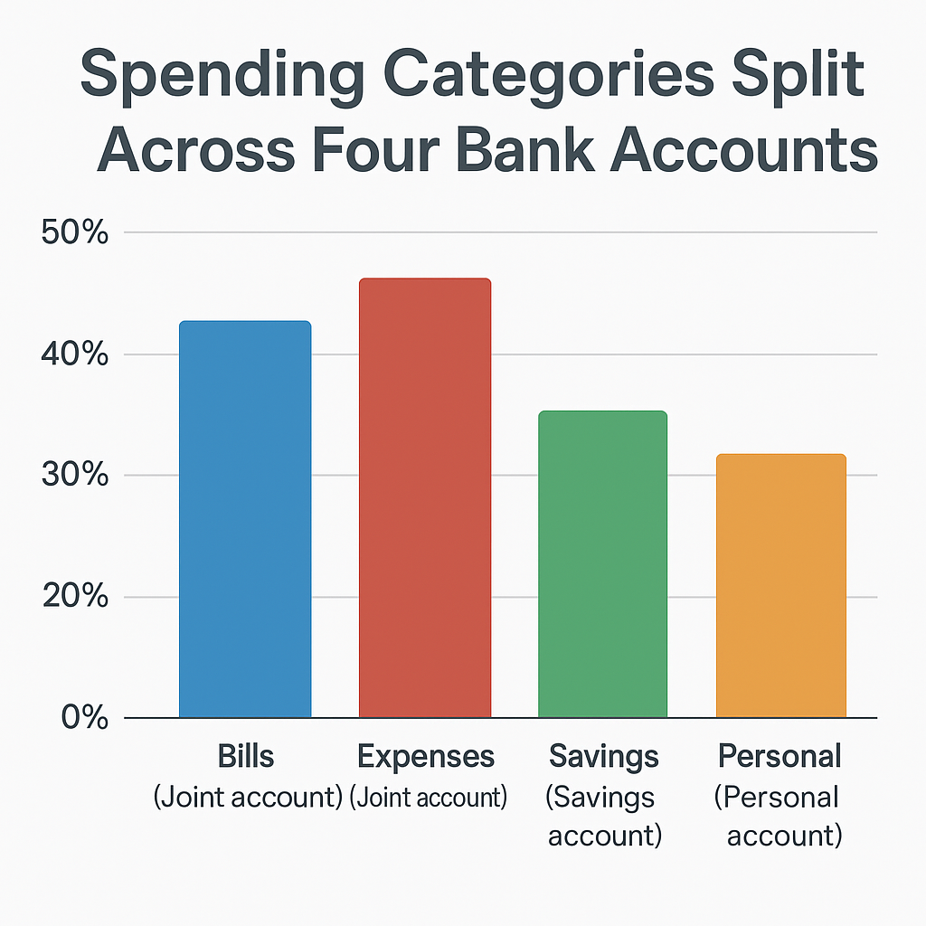 spending categories split across four bank accounts