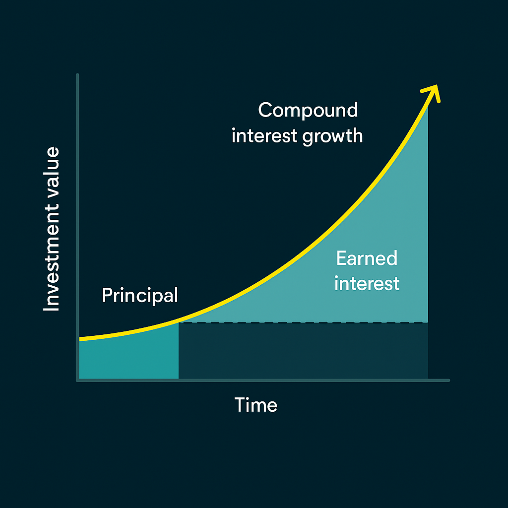 Graph showing compound interest growth over time with principal, earned interest, and total investment value on a pension or ISA