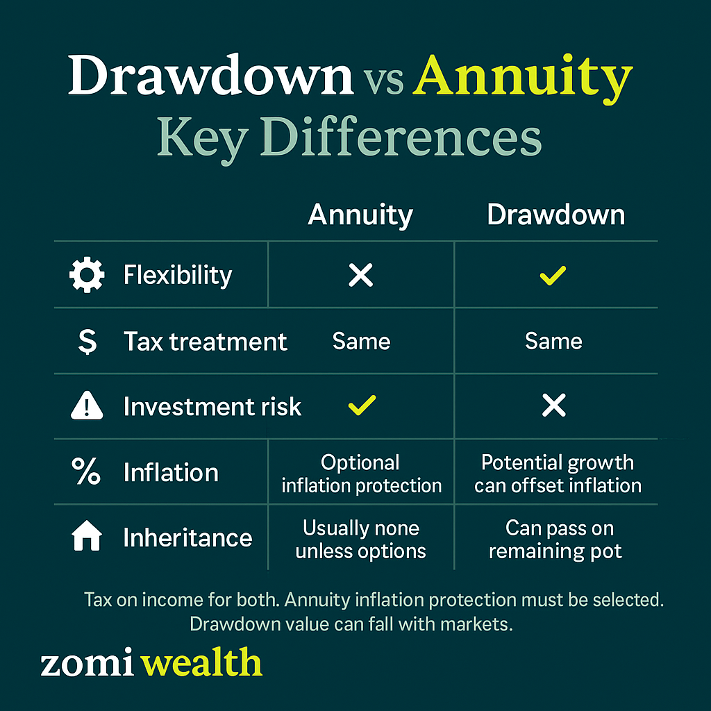 Table comparing annuity vs drawdown features