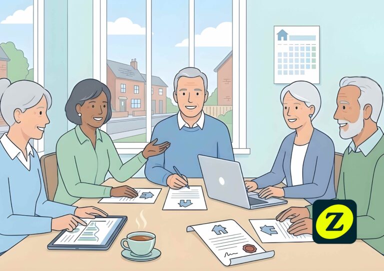 Illustration of UK retirees and pre-retirees planning retirement with pension documents, calendar, and financial tools in a calm, modern setting.