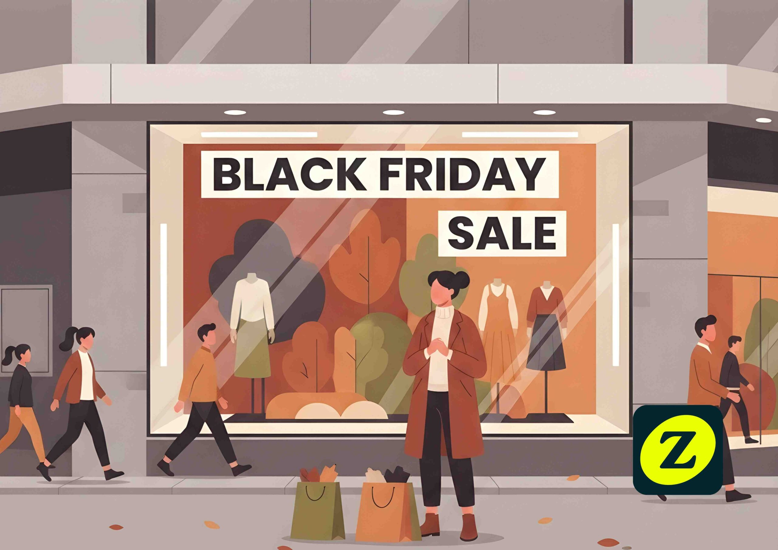 Young adult standing outside a shop window with a Black Friday sale sign, reflecting mindful shopping choices during Black Friday deals.